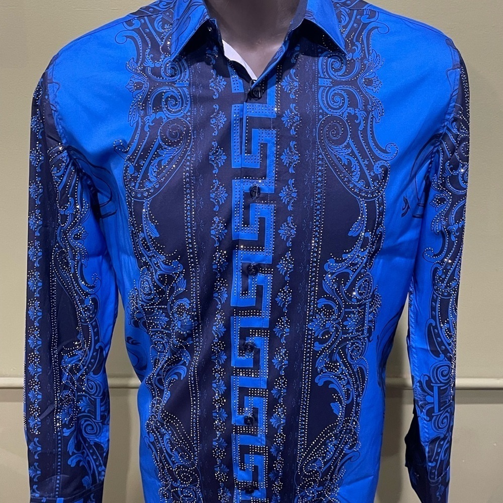 Deniko Blue Casual Button Down Shirt with Baroque Patterns rhinestone